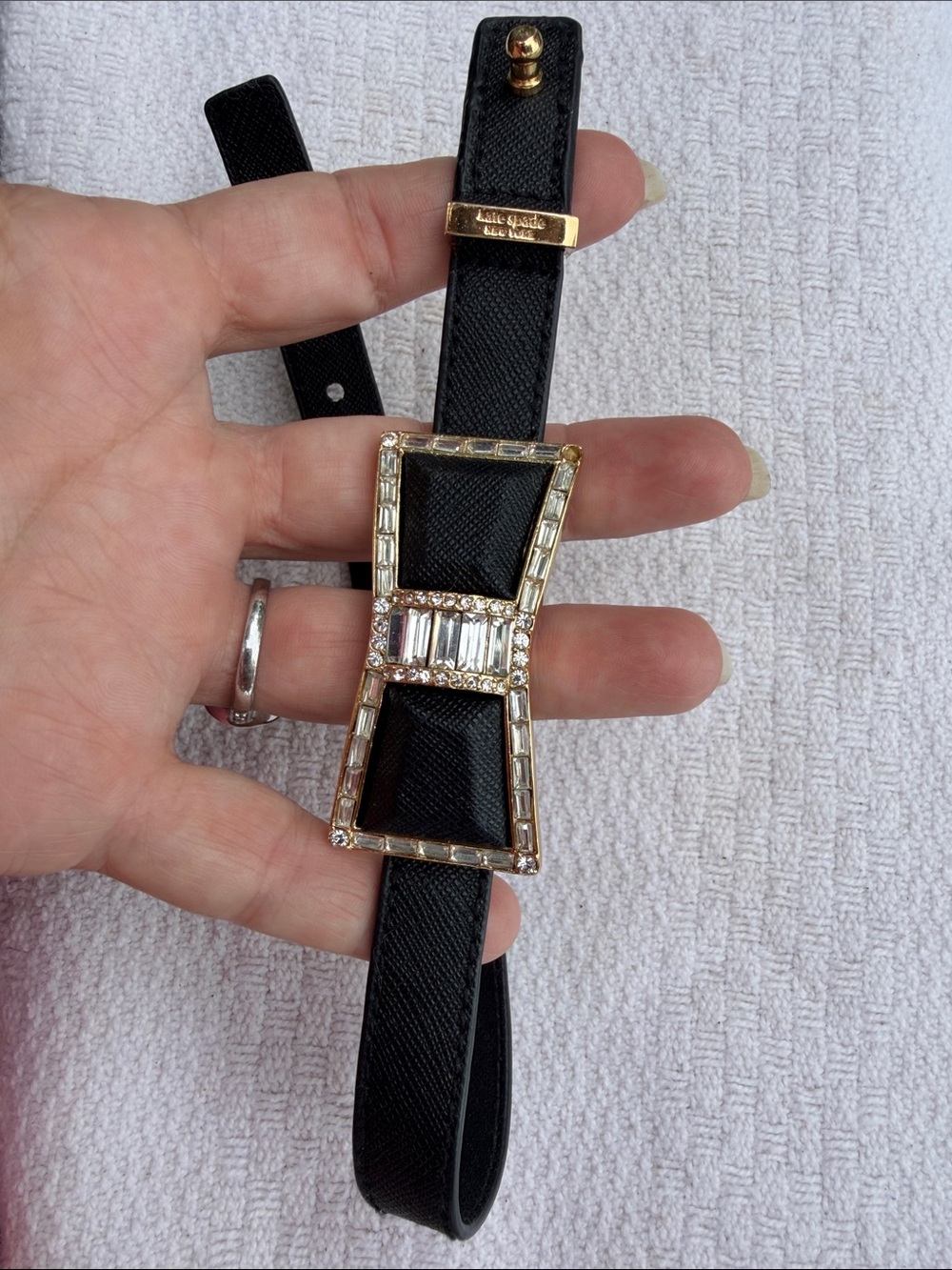 kate spade Black Leather Bow Buckle Belt with Crystal Trim